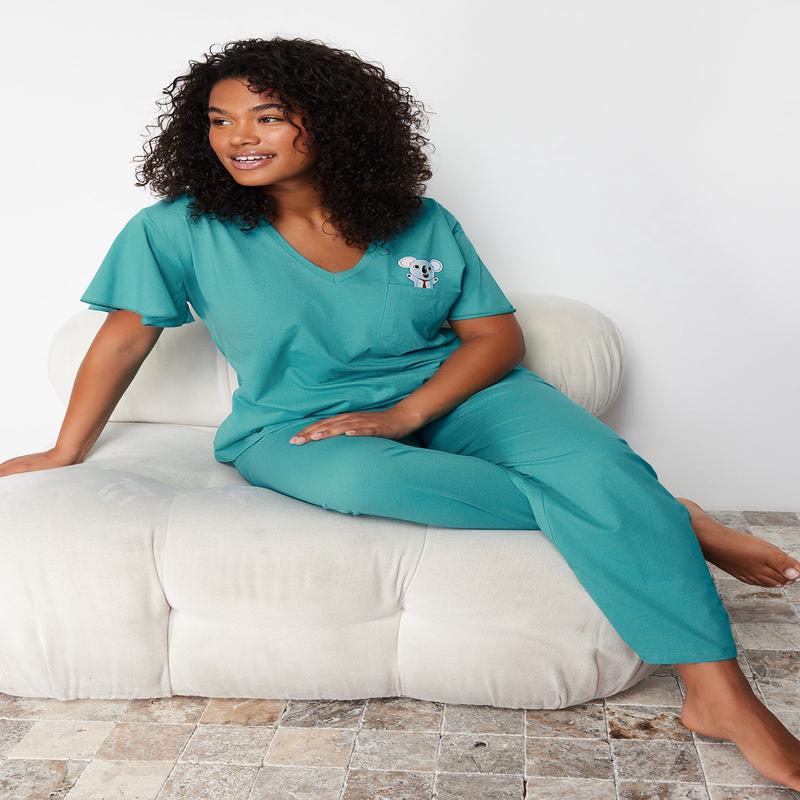 Curve Women's Blue Printed Short Regular Plus Size Pajama Set