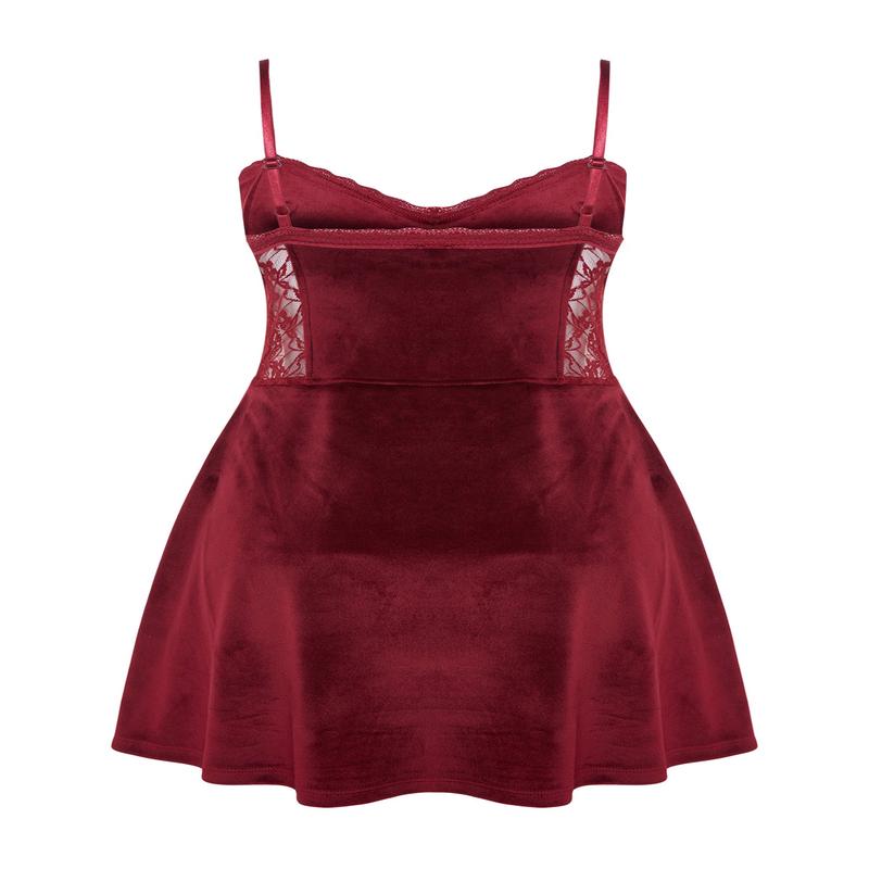 Women's Burgundy Plain Mini With suspenders Homewear Fitted Nightly