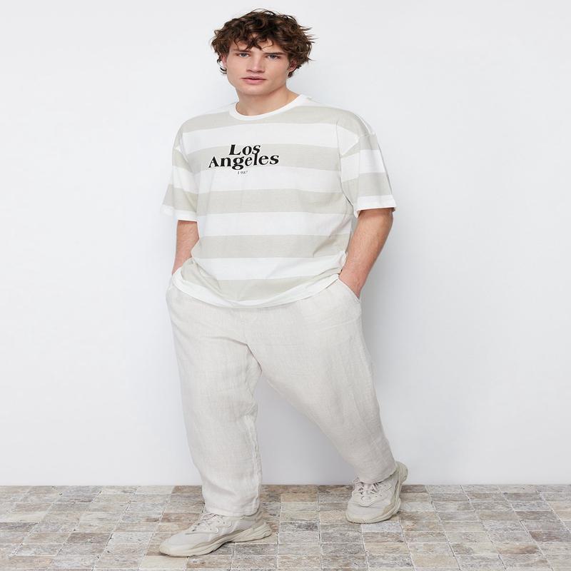 Man Men's Beige Striped Short Oversize T-Shirt