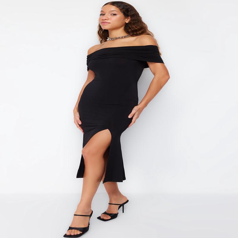 Women's Plain Midi Short Cocktail Fitted Dress