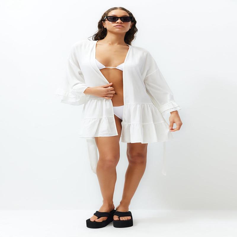 Women's White Plain Long Oversize Kimono & Caftan