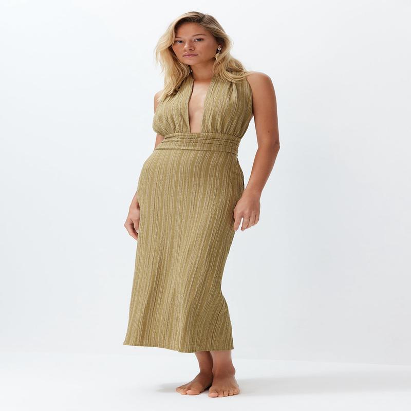 Women's Khaki Plain Maxi Sleeveless Beachwear Fitted Dress