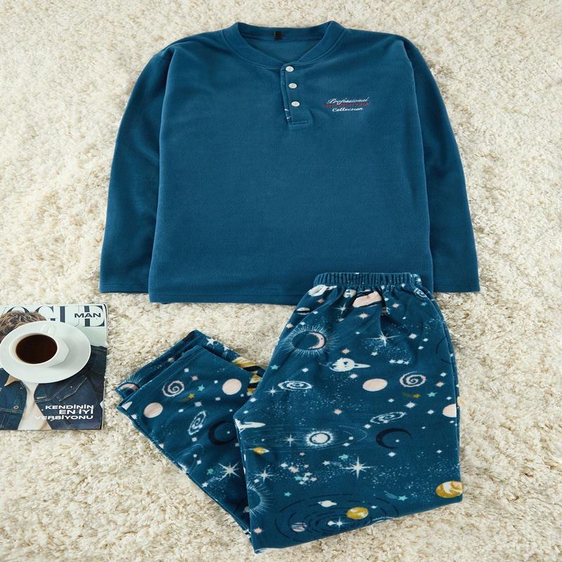 Man Men's Blue Straight Long Casual/daily Regular Pajama Set
