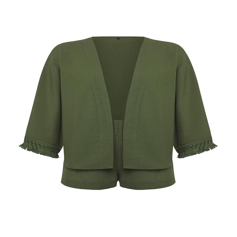 Women's Khaki Plain Three-Quarter Sleeve Beachwear Oversize Two Piece Sets