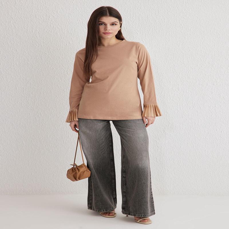 Modest Women's Beige Plain Long Regular Modest Tunics