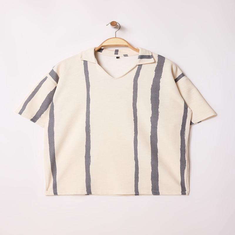 Man Men's Beige Striped Short Oversized Polo Neck T-Shirt