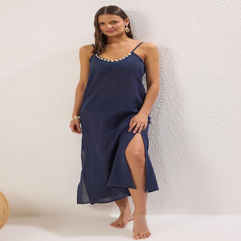 Women's Navy Blue Straight Maxi Hanging Beachwear Fitted Dress