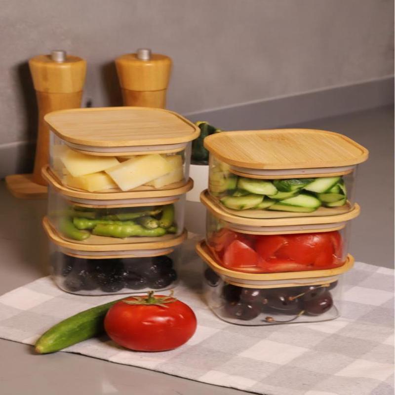 Duo 400 Ml Square Borosilicate Glass Bowl With Bamboo Lid 6 Pieces