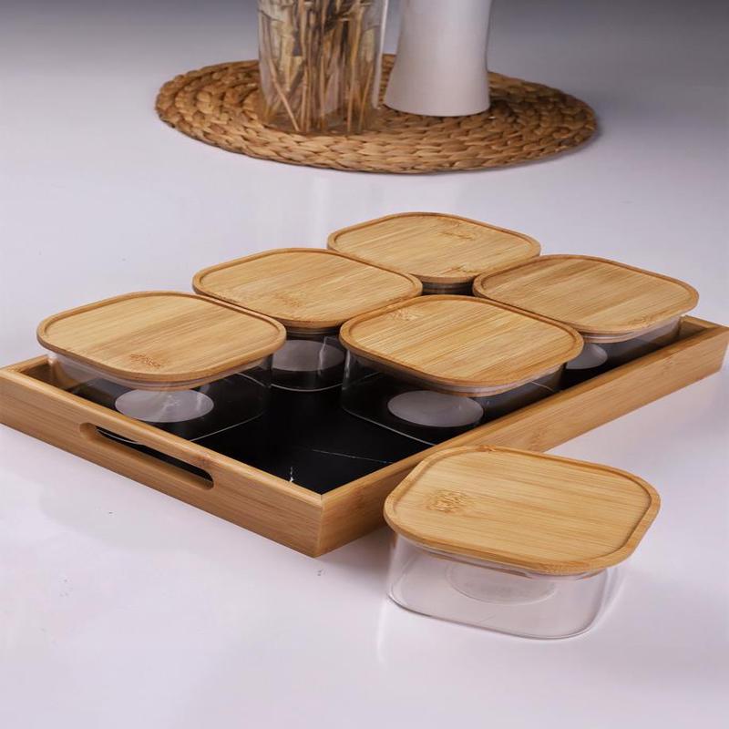 Duo 400Ml 6-Piece Bamboo Black Marble Pattern Tray Bamboo Vacuum Lid Glass Breakfast Bowl