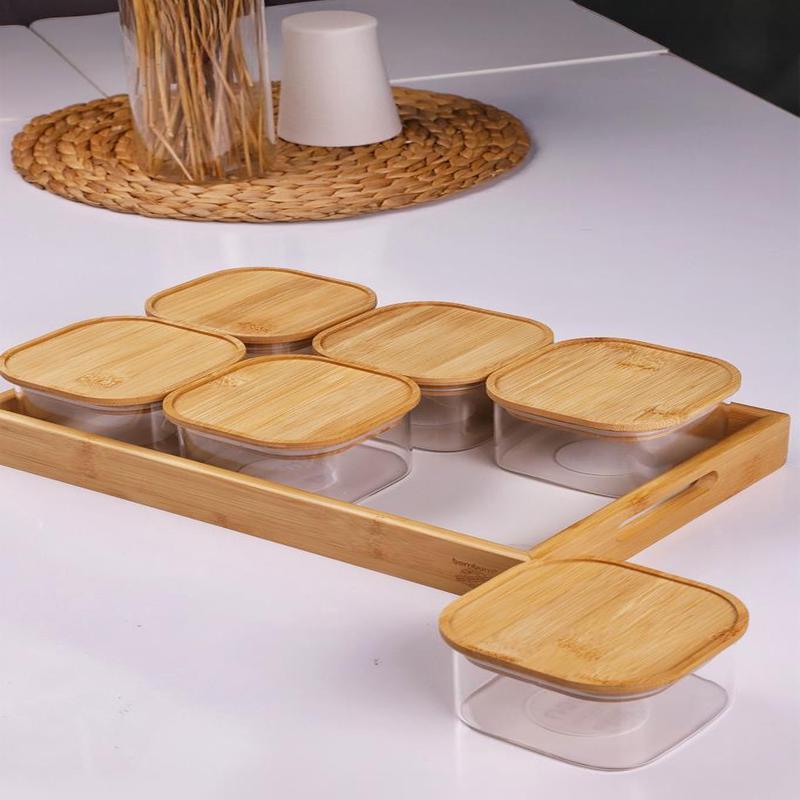 Duo 400Ml 6-Piece Bamboo White Marble Pattern Tray Bamboo Vacuum Lid Glass Breakfast Bowl