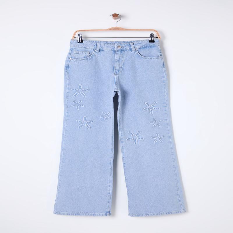 Women's Blue Flowering Wide Leg High Waist Jeans