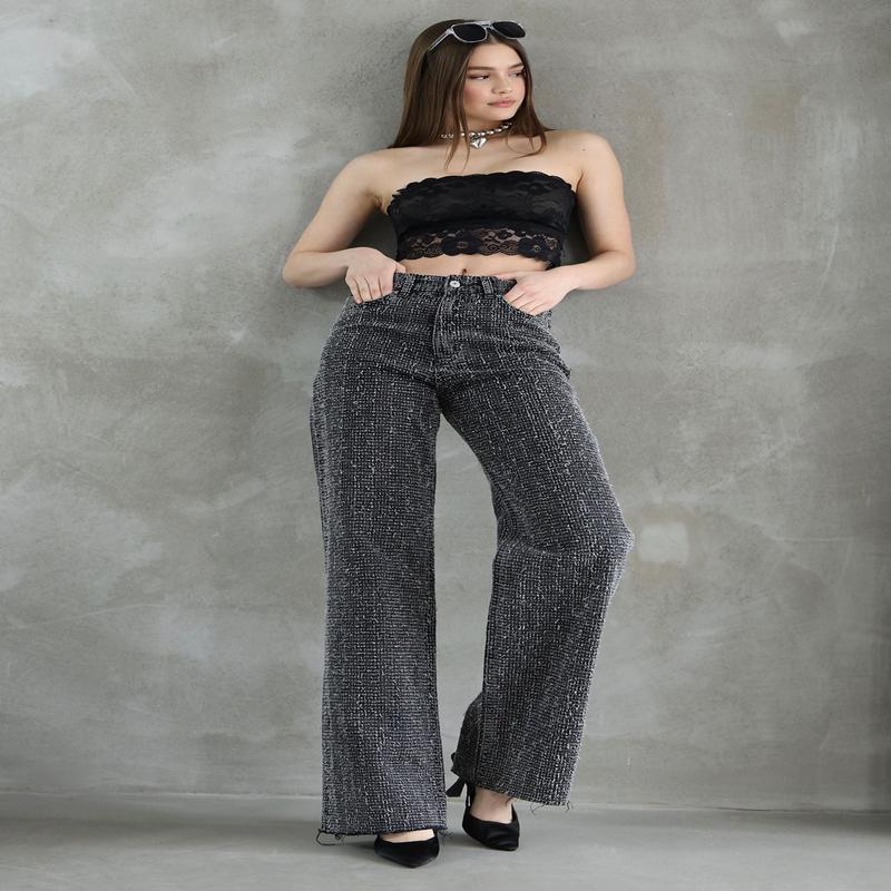 Women's Textured Wide Leg High Waist Jeans