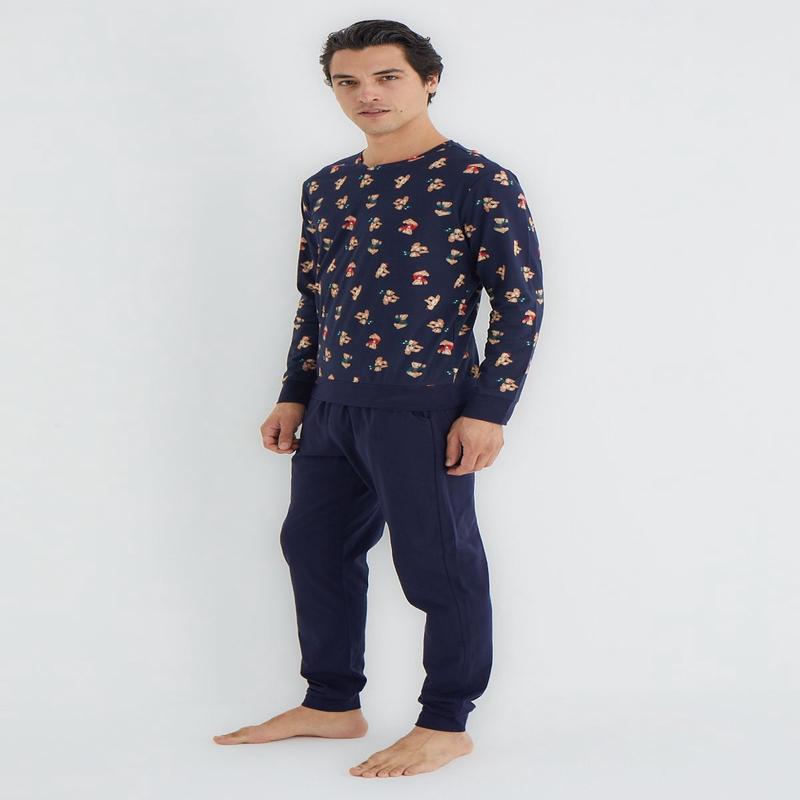 Man Men's Navy Blue New Year Long Homewear Regular Pajama Set