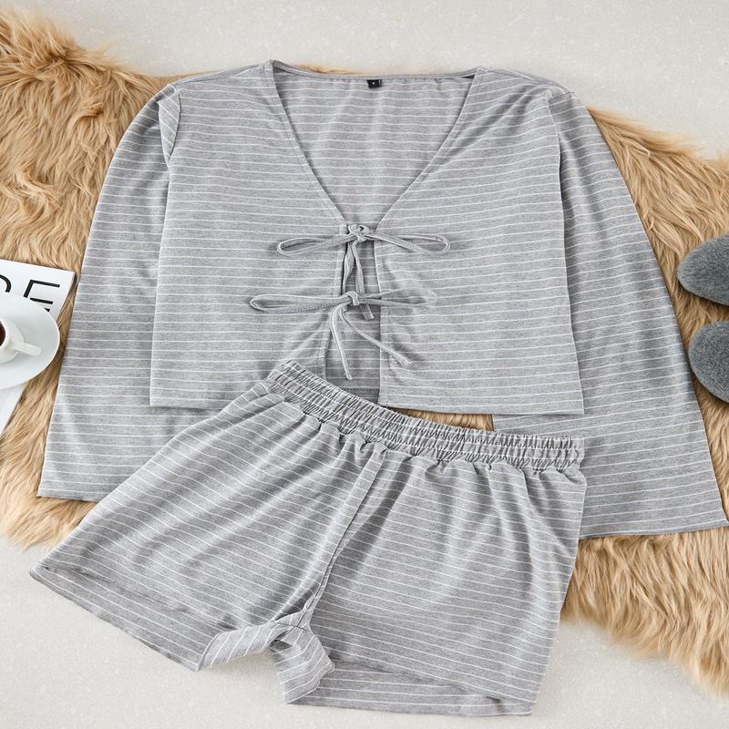 Women's Grey Striped Long Lounge/home Regular Pajama Set