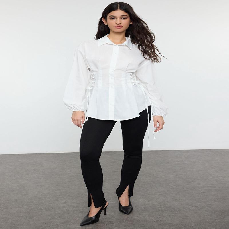 Modest Women's Ecru Straight Long Fitted Hijab Shirt