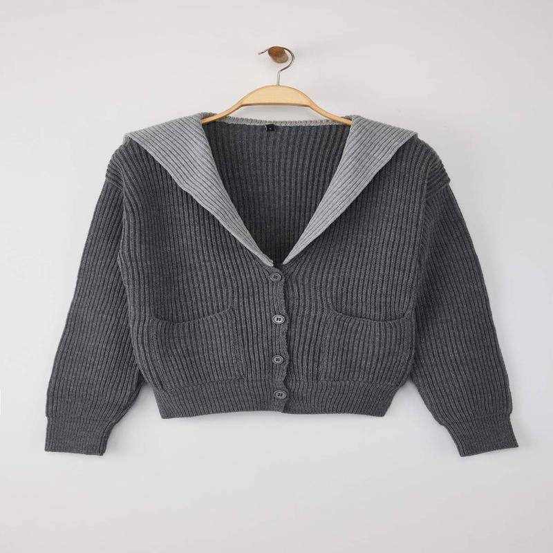 Women's Gray Color Block Long Regular Cardigan