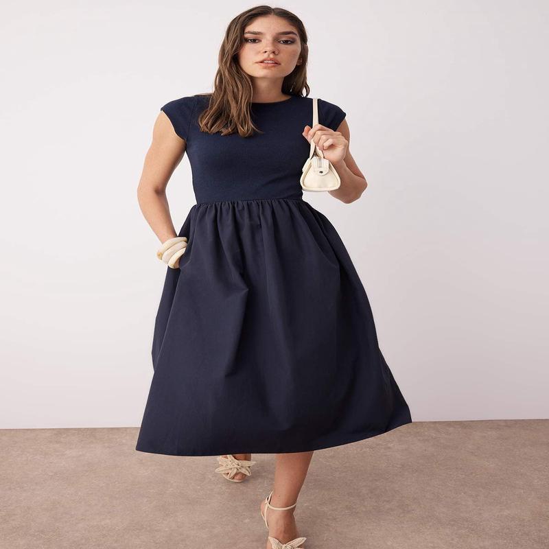 Women's Navy Blue Straight Midi Short Casual/daily Skater Dress