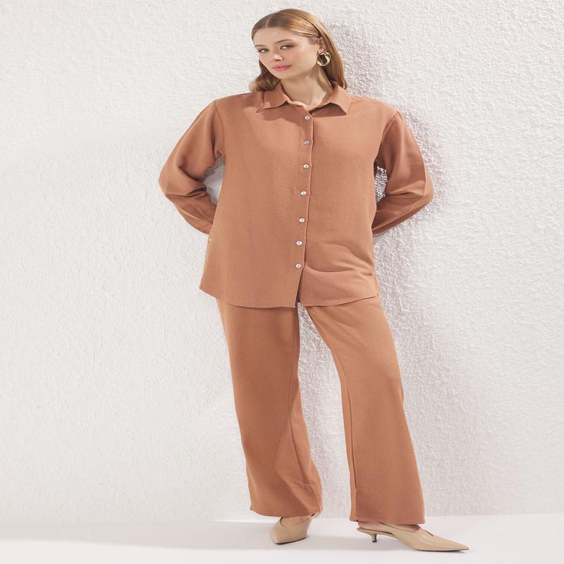 Modest Women's Brown Straight Long Casual/daily Regular Hijab Top - Bottom Set