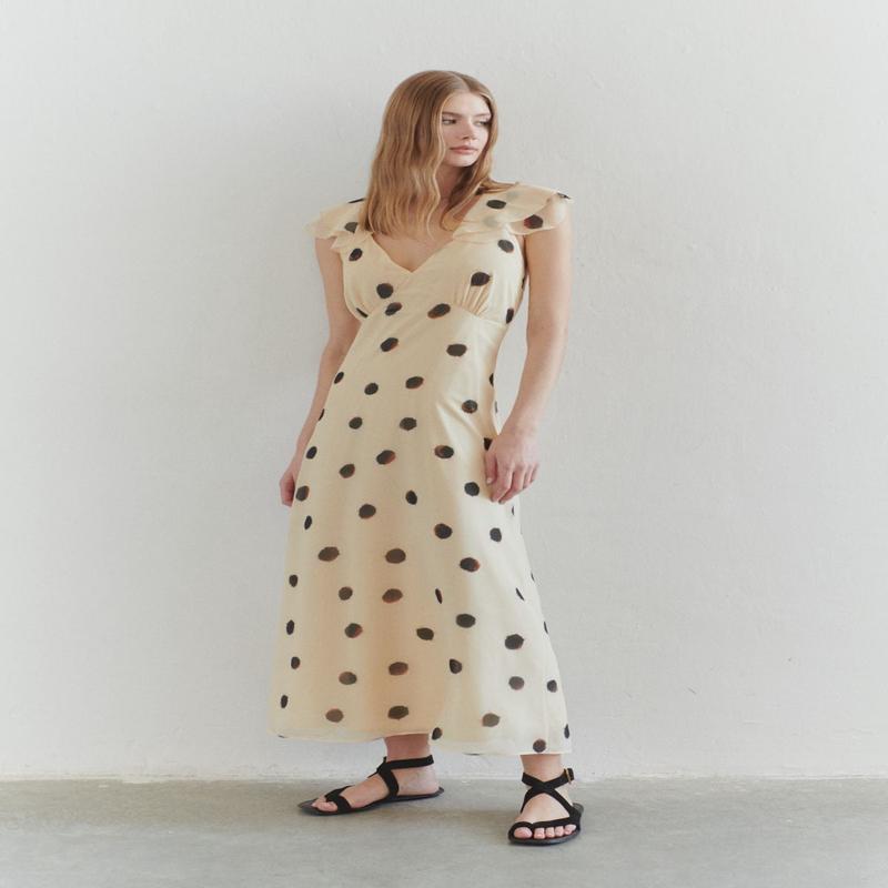 Women's Yellow Spotted Maxi Hanging Day And Night Regular Dress