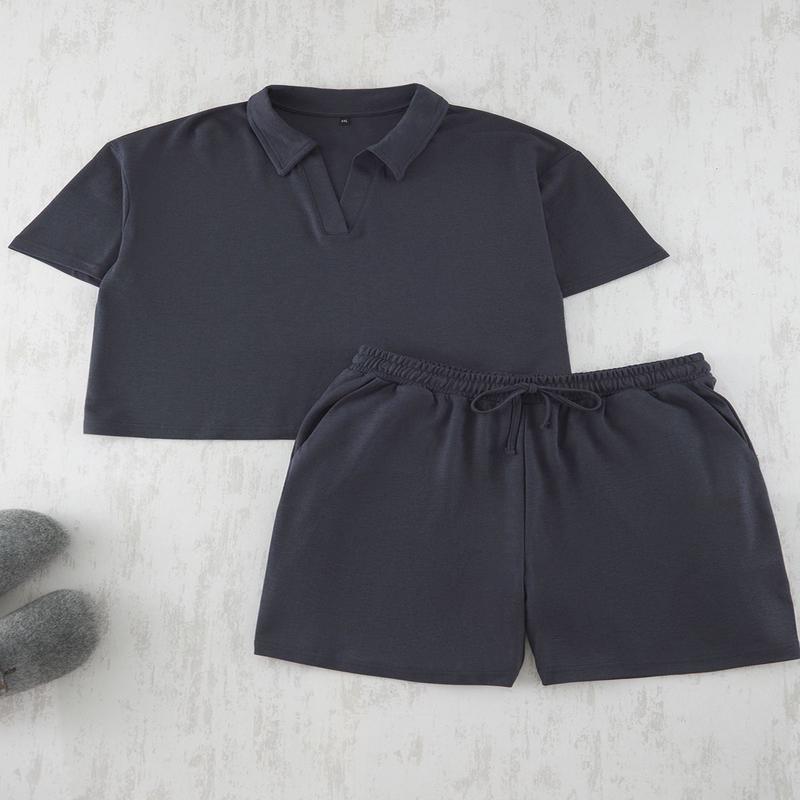 Curve Women's Grey Straight Short Casual/daily Relaxed Plus Size Top And Bottom Set