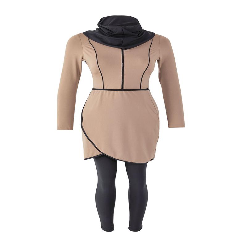 Modest Beige Striped Fixed Vessel Hijab Swimsuit