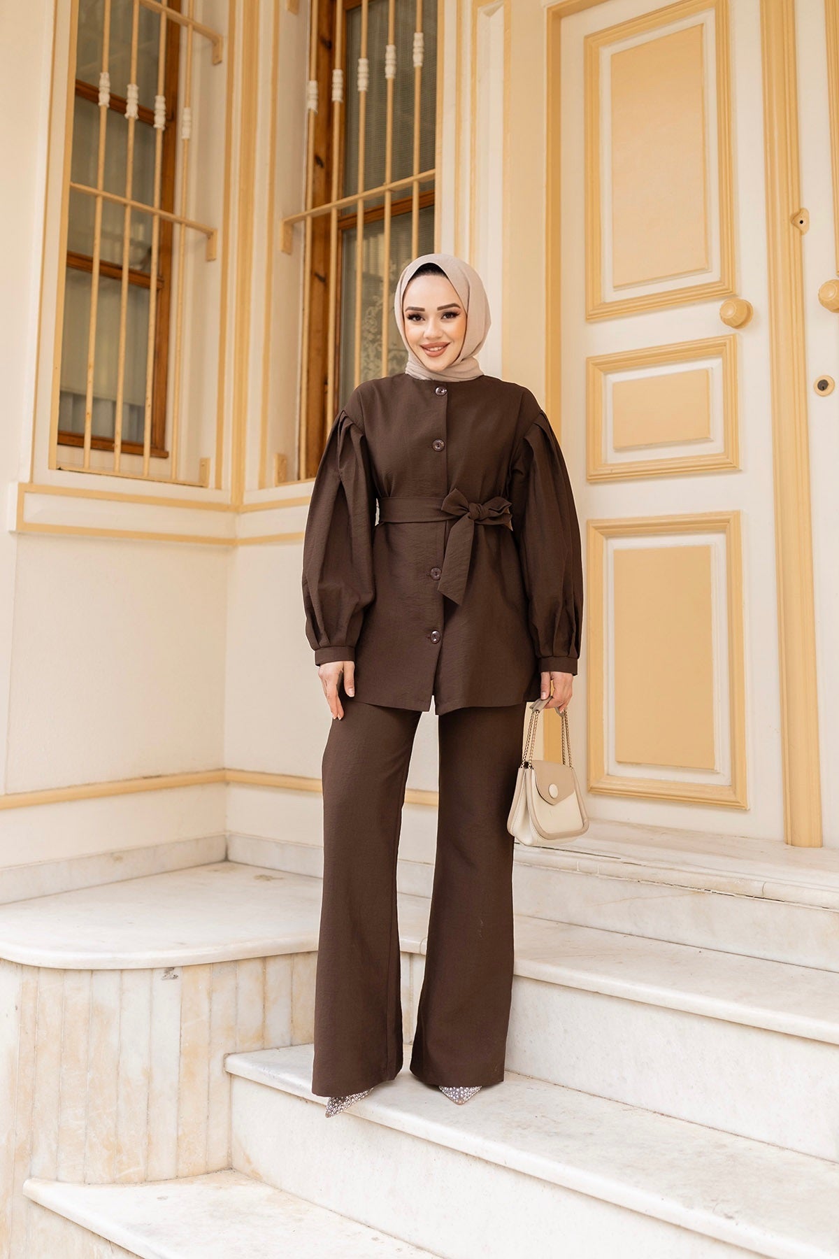 Brown Pleated Belted Two-Piece Set