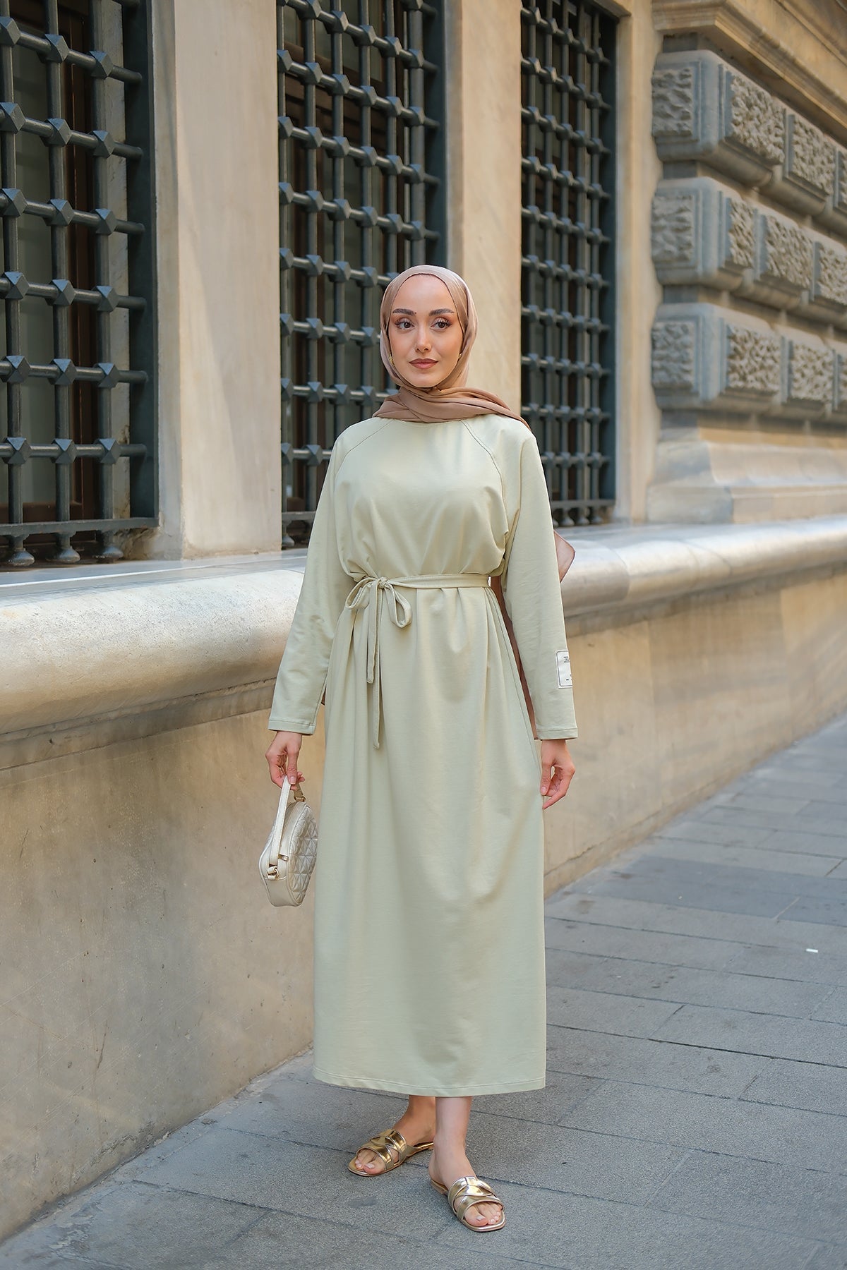 Crew Neck Dress With Sleeve Patch Detail - Light Green