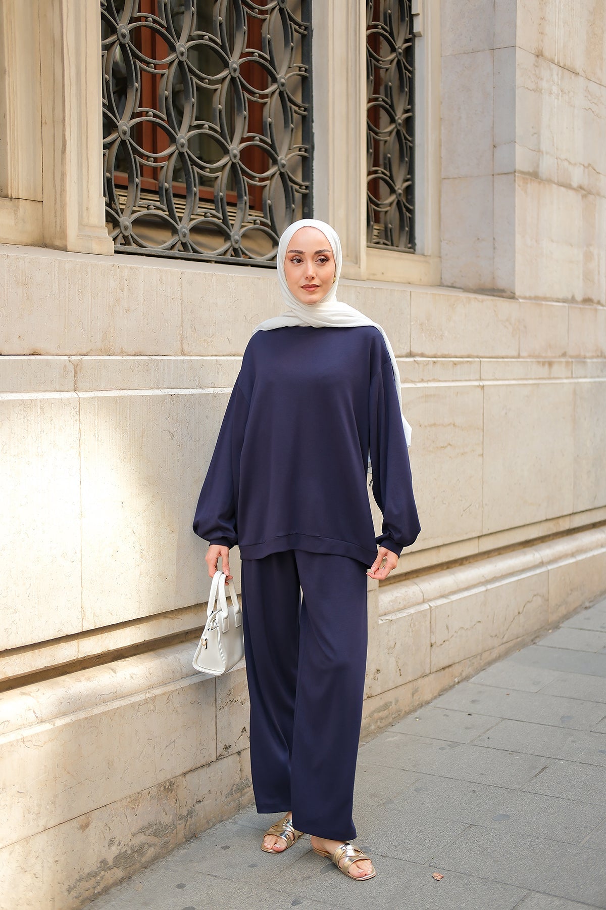 Crew Neck Two-Piece Set - Navy Blue