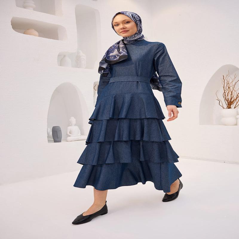 Dark Blue Denim-Look Dress With Ruffled Hem