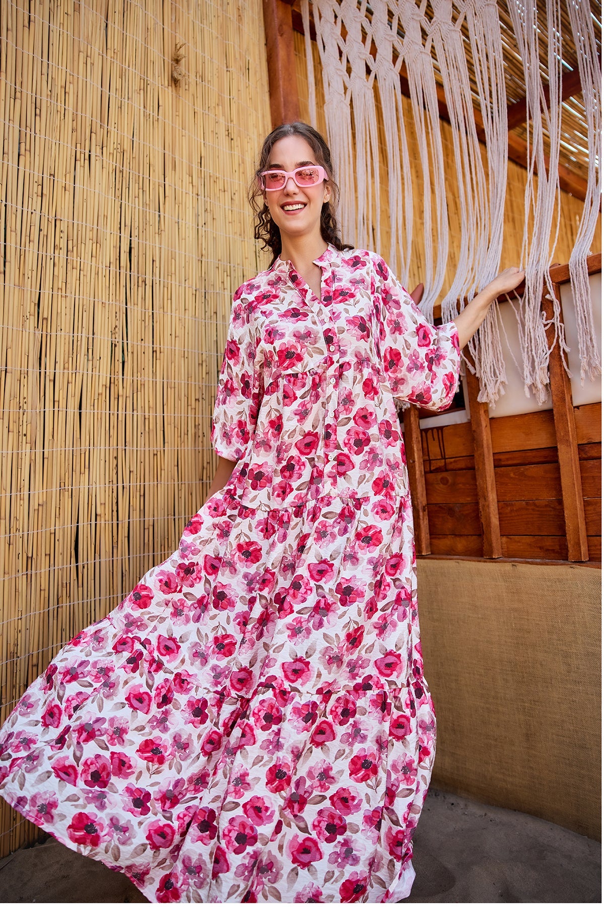 Ethnic Floral Pattern Dress - Fuchsia