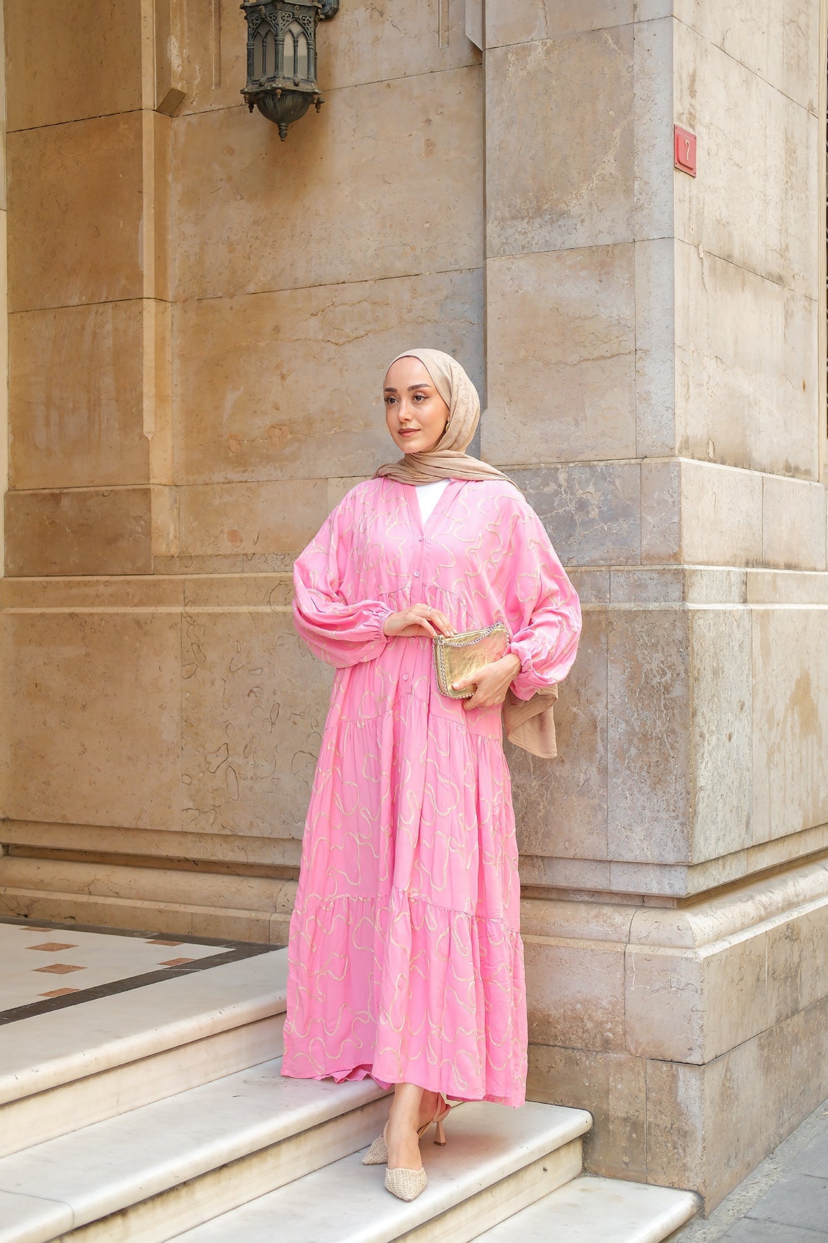 Gold-Stitch Detailed Dress Pink