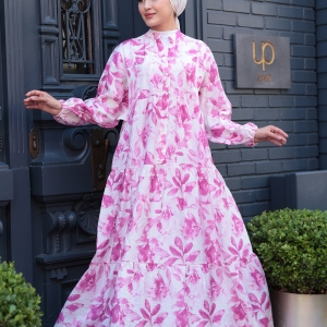 Leafy Abstract Pattern Dress  Pink