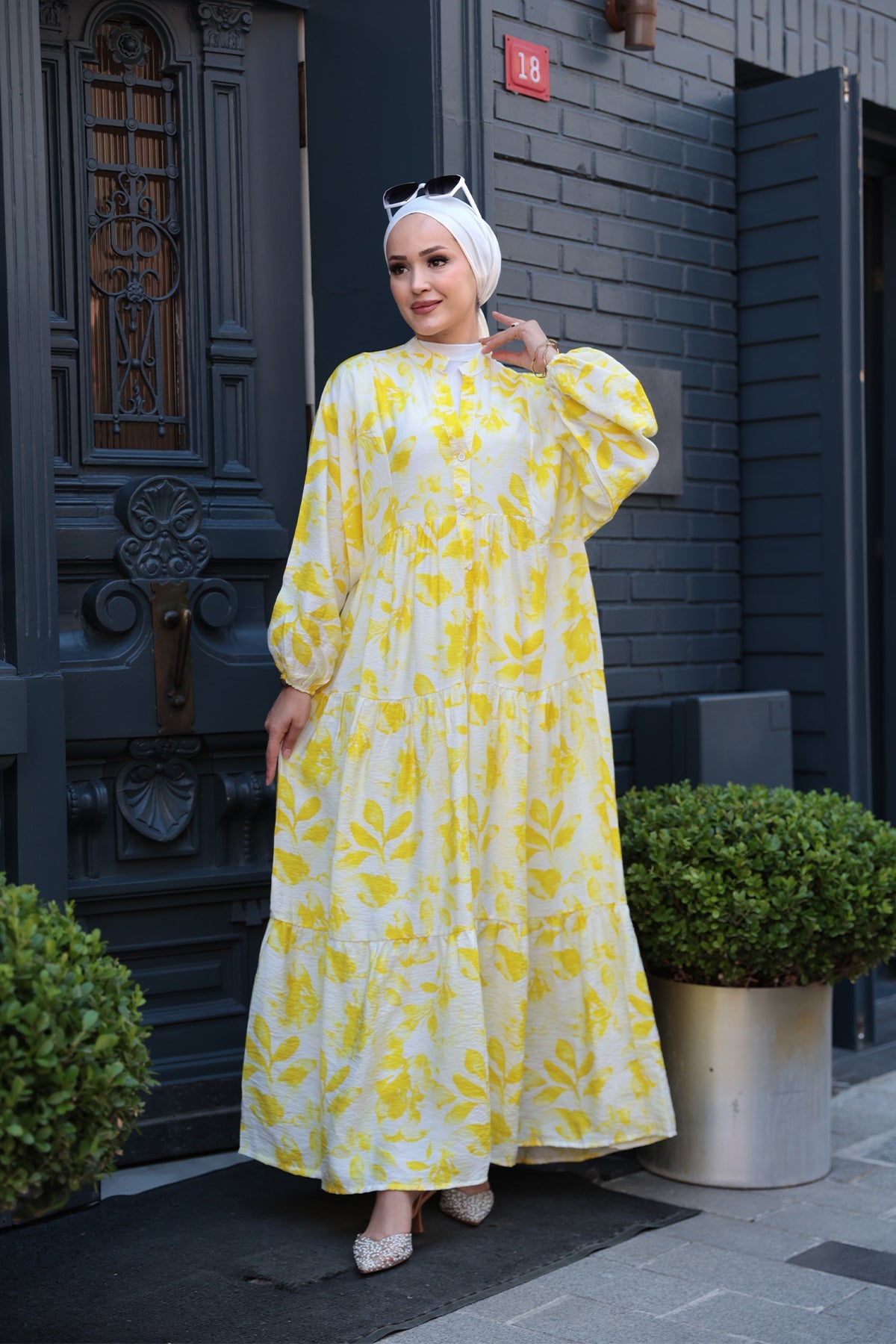 Leafy Abstract Pattern Dress Yellow