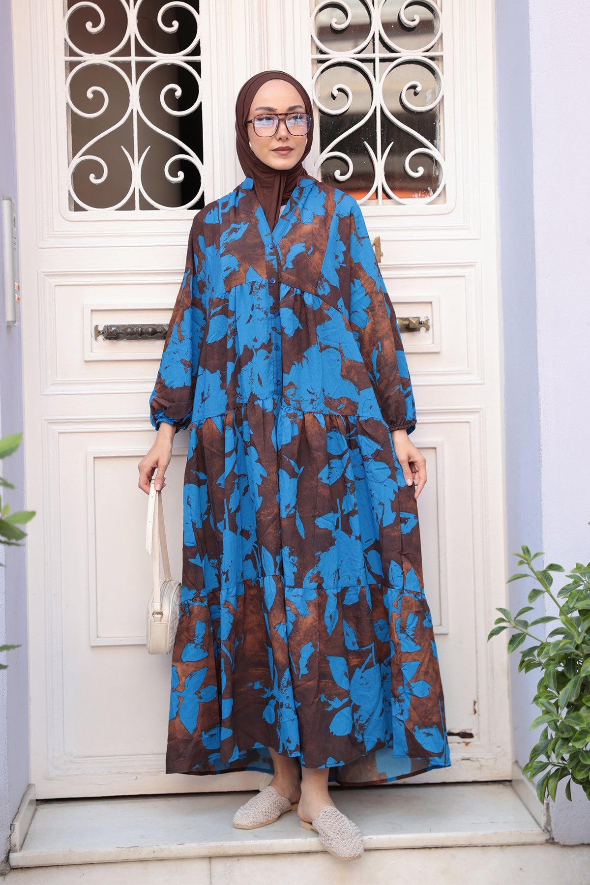 Mixed Leaf Pattern Dress Blue