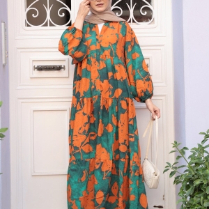 Mixed Leaf Pattern Dress  Orange