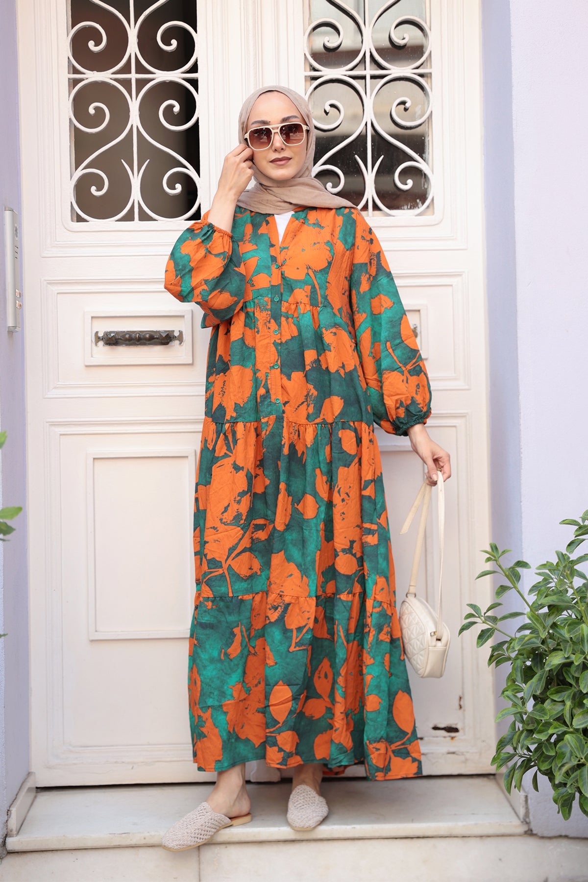Mixed Leaf Pattern Dress Orange