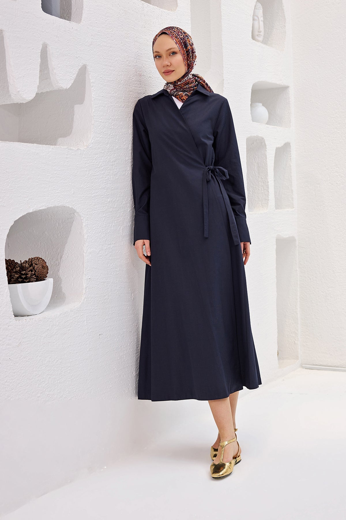 Navy Blue Poplin Dress With Side Tie