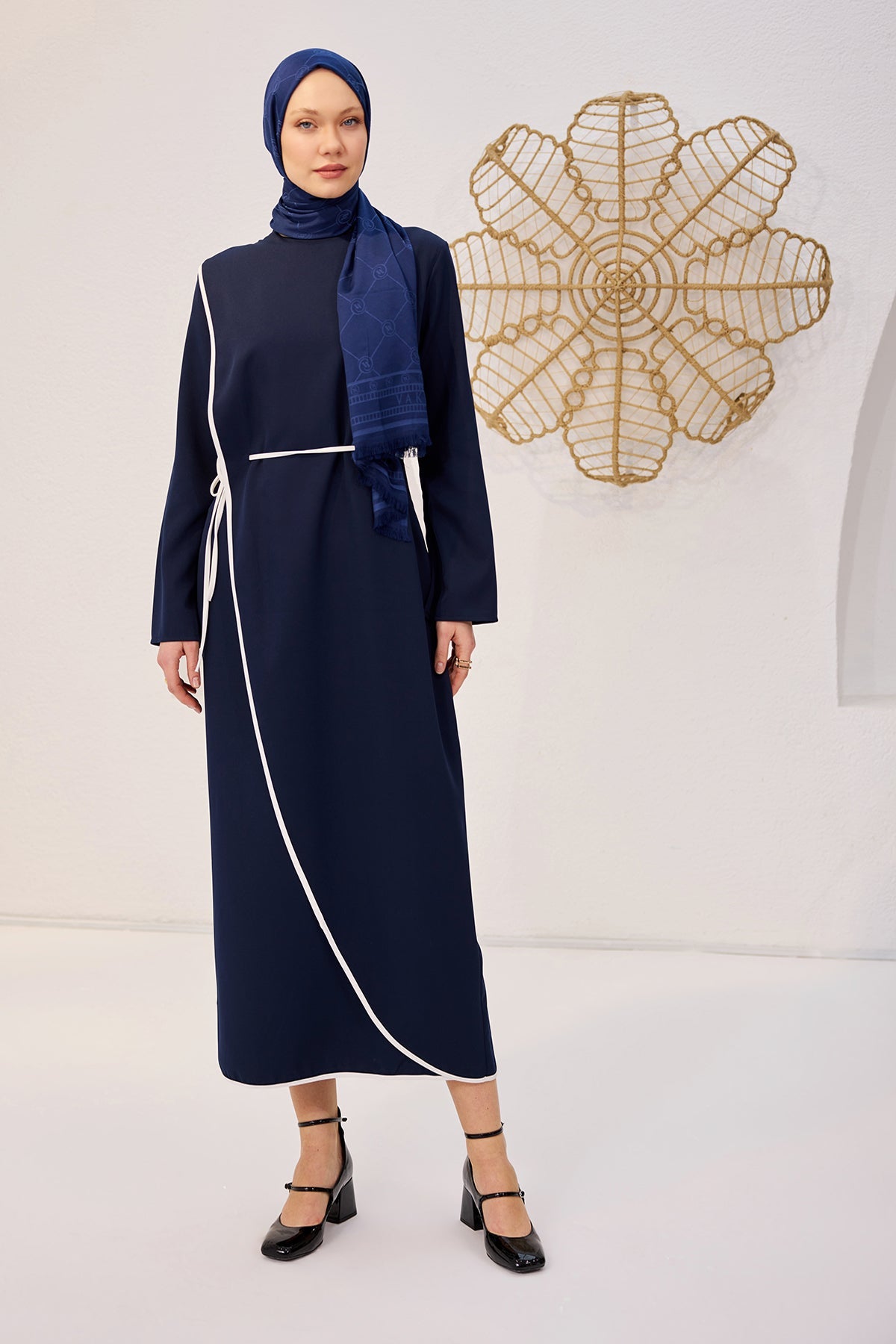 Navy Blue Scuba Dress With Piping And Self-Tie