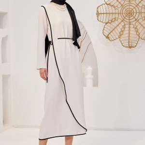 White Scuba Dress With Piping And Self-Tie