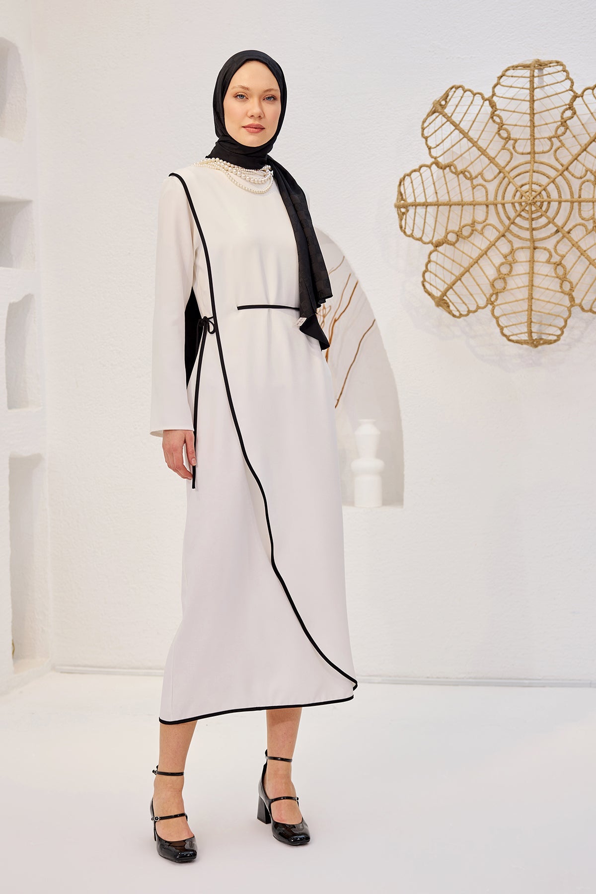 White Scuba Dress With Piping And Self-Tie