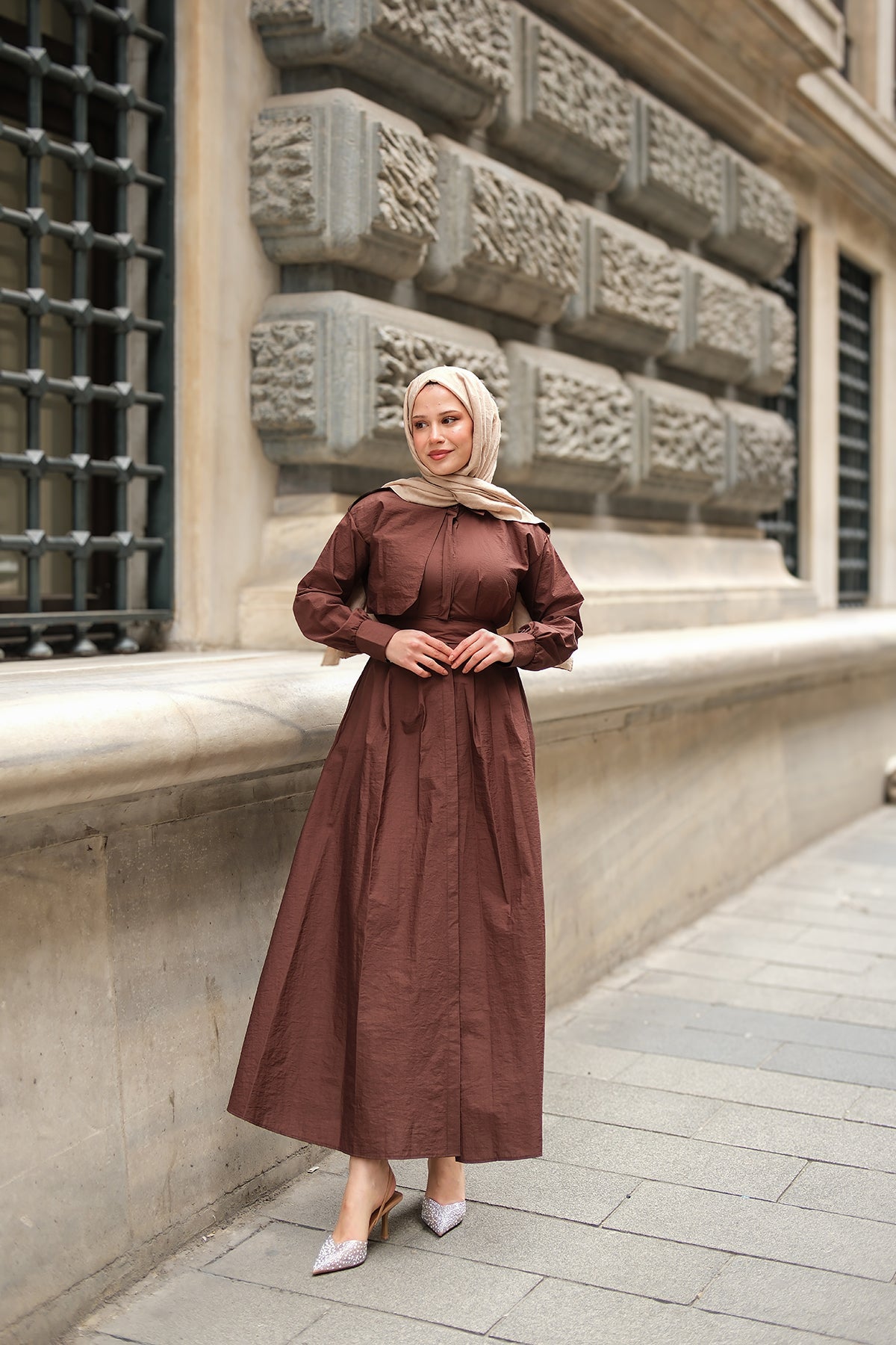 Hidden Button Epaulet Detail Dress Brown