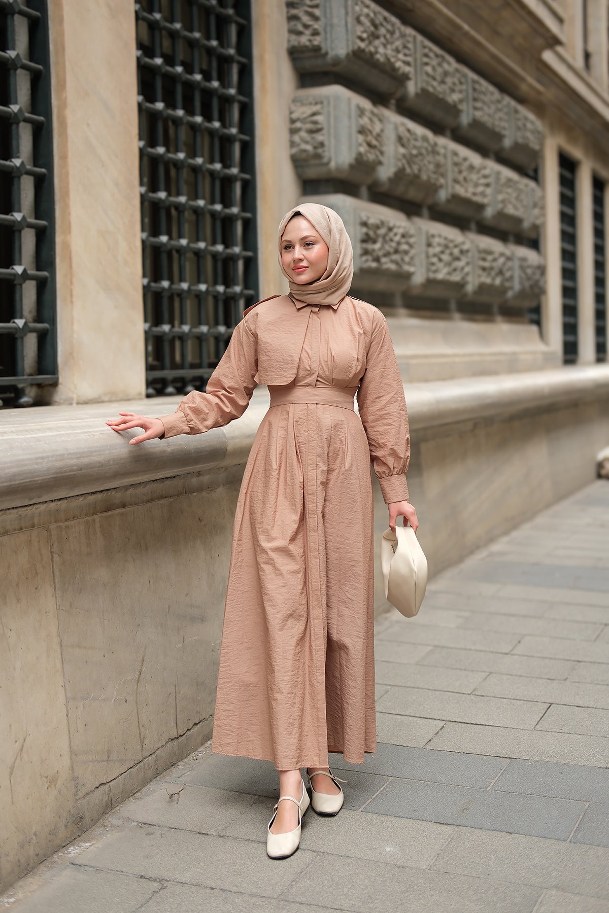 Hidden Button Epaulet Detail Dress Mink