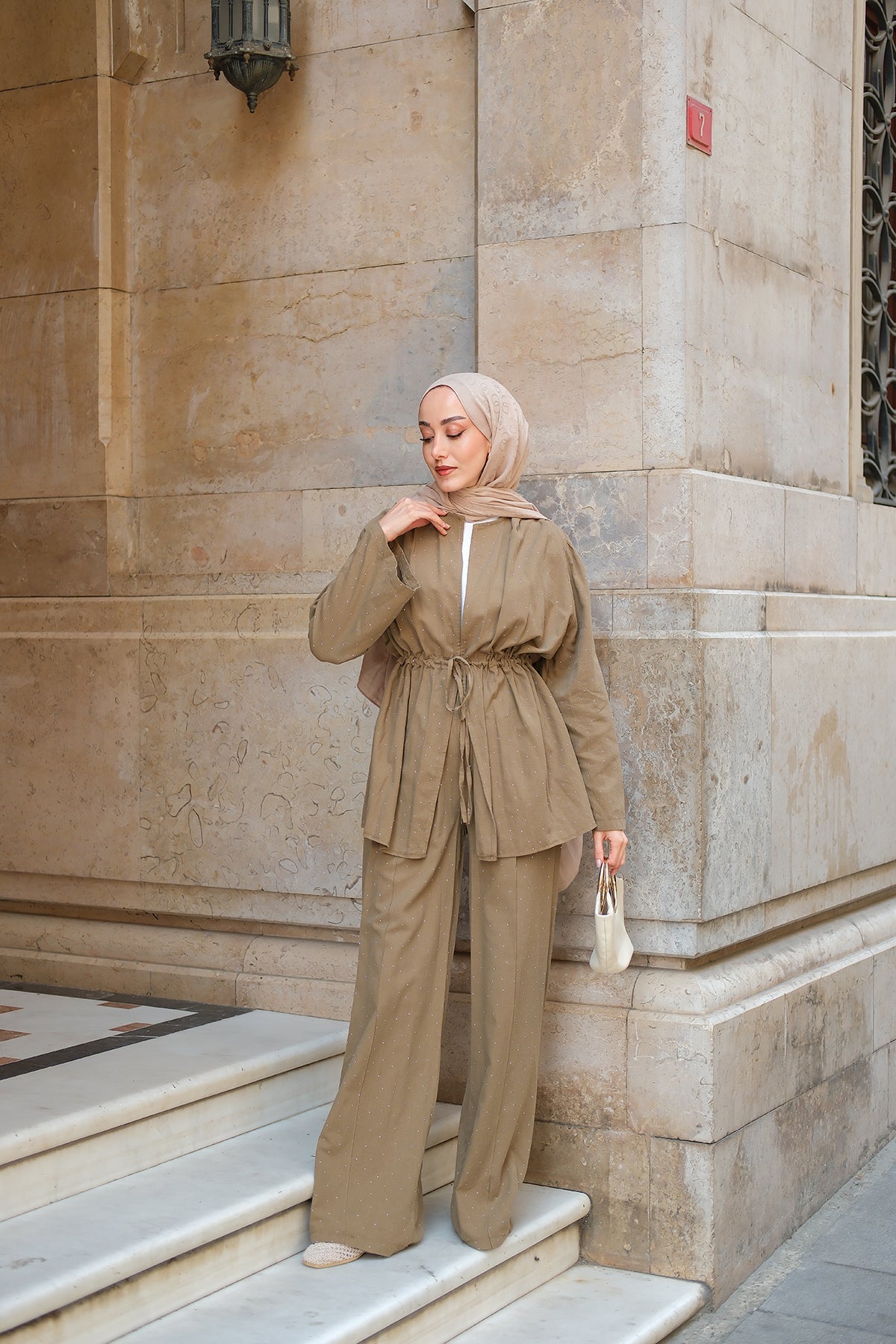 Khaki Green Two-Piece Set With Stone Details