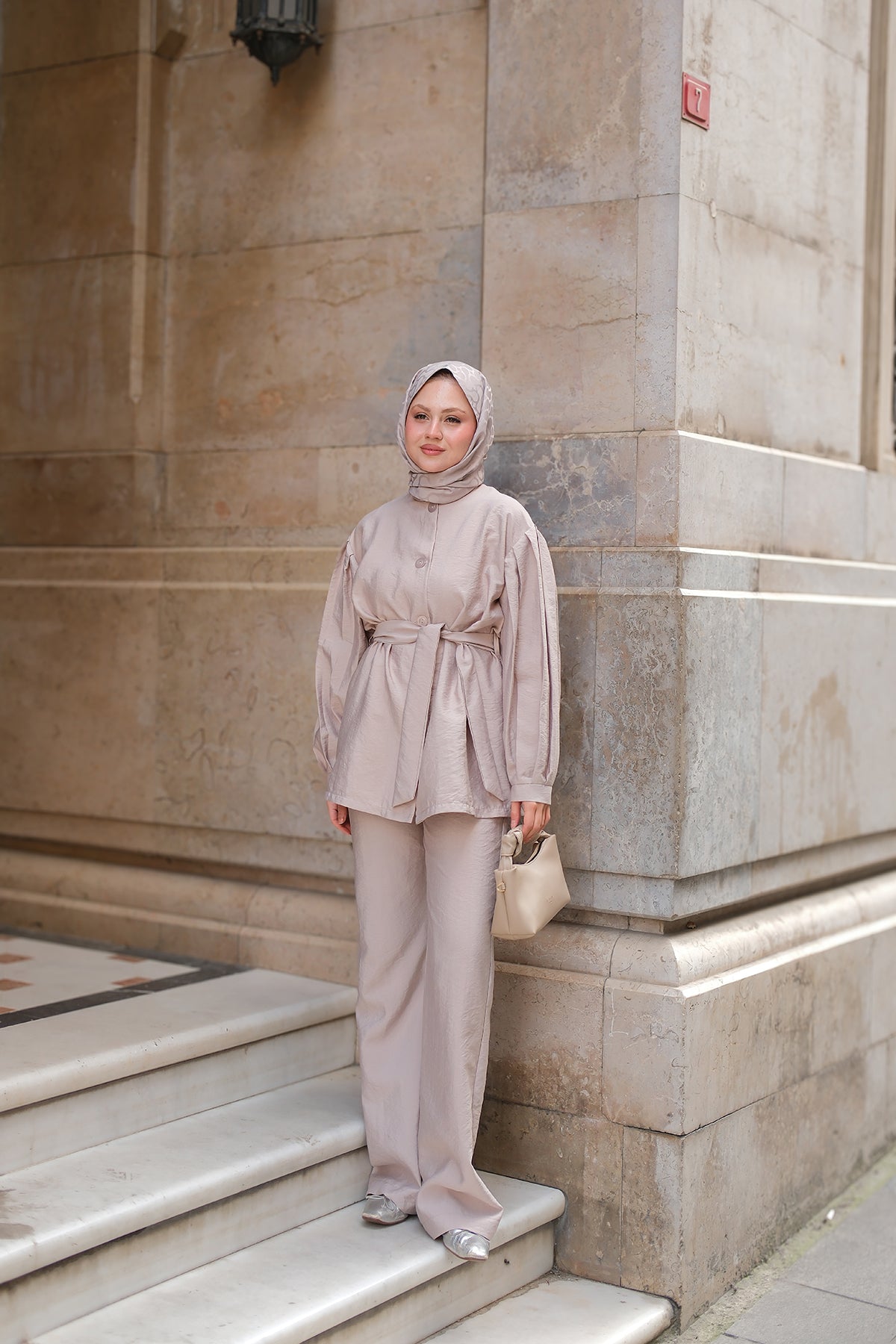 Pleated Detail Belted Two-Piece Suit Powder