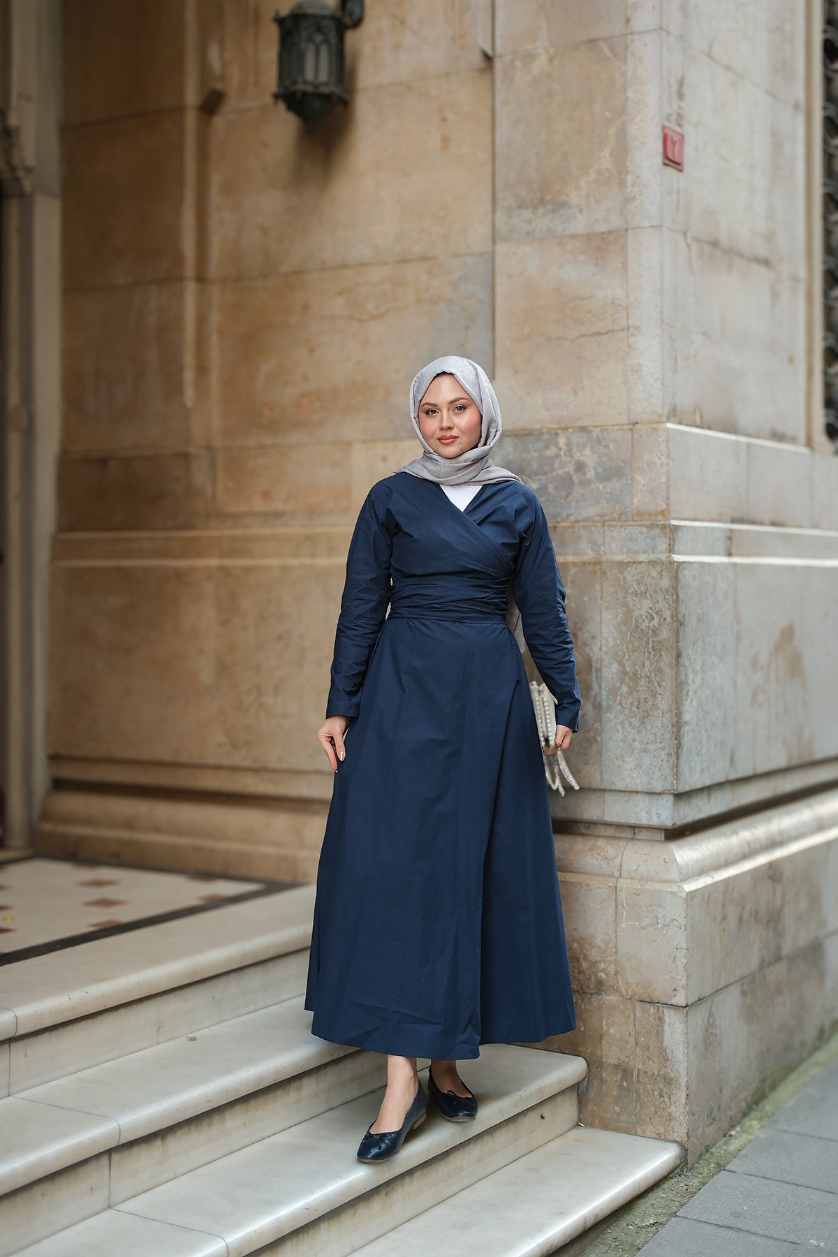 Self-Tie Navy Bluen Poplin Dress