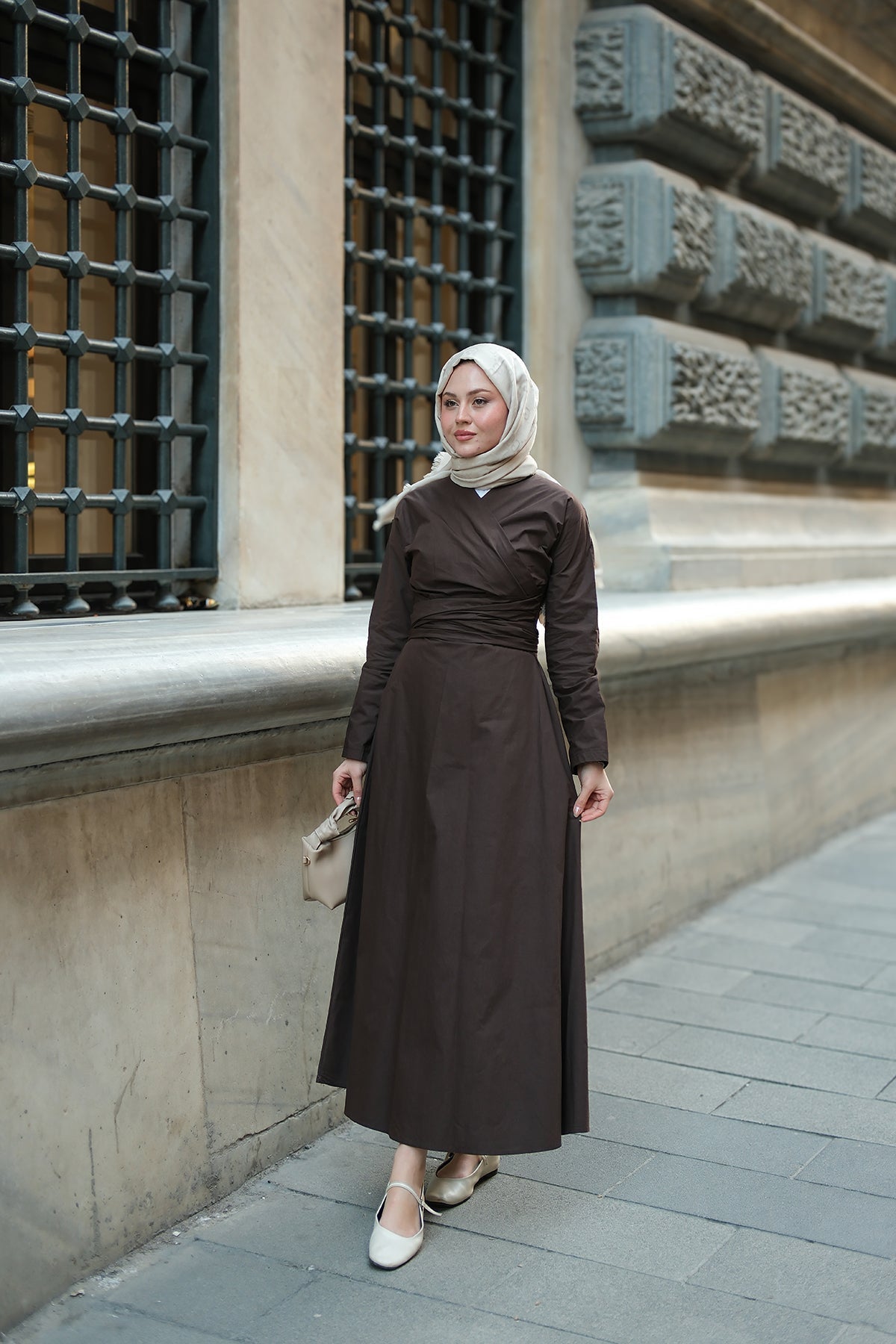 Self-Tie Poplin Dress n Brown