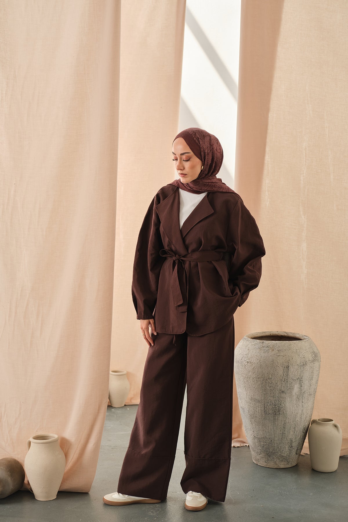 Waist-Tie Kimono Set Brown