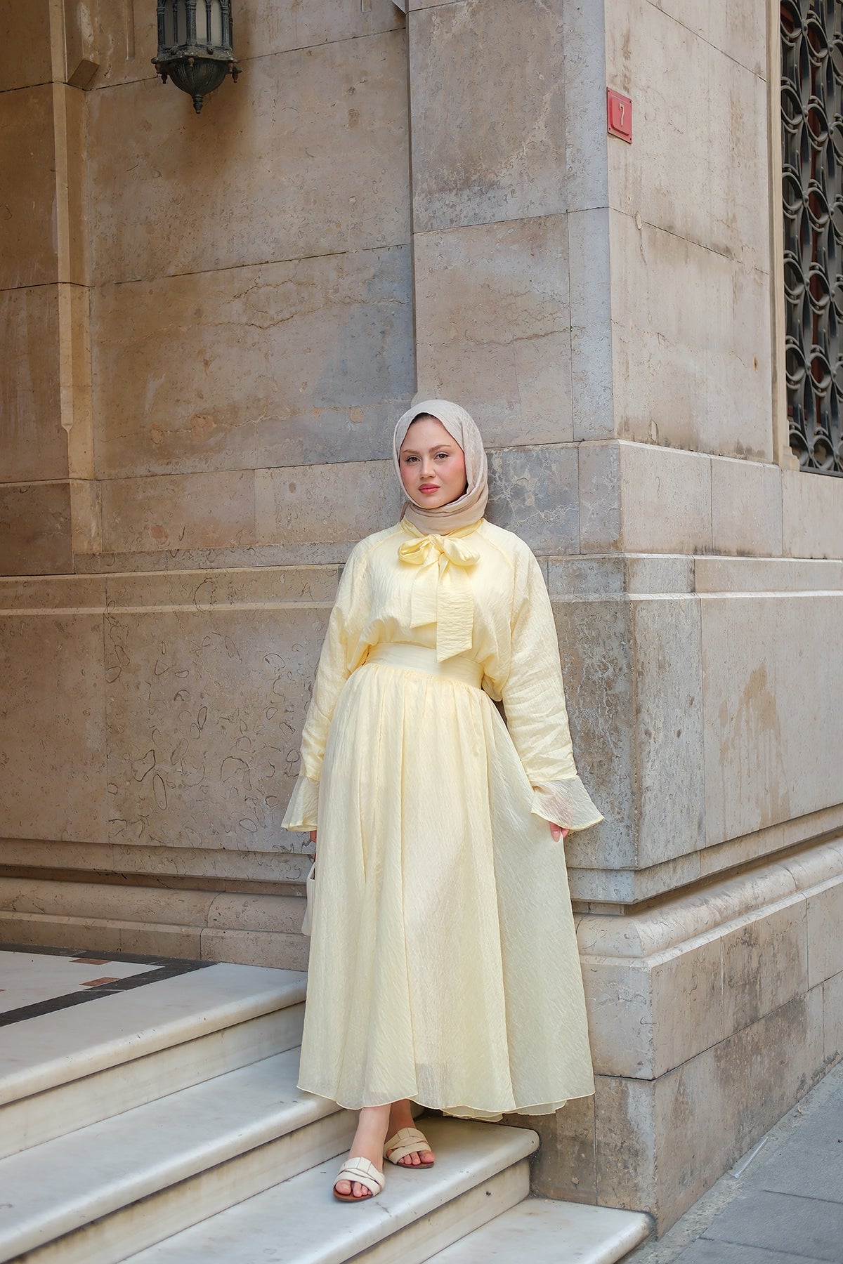Yellow Two-Piece Set With Tulle Accents And Tie Details