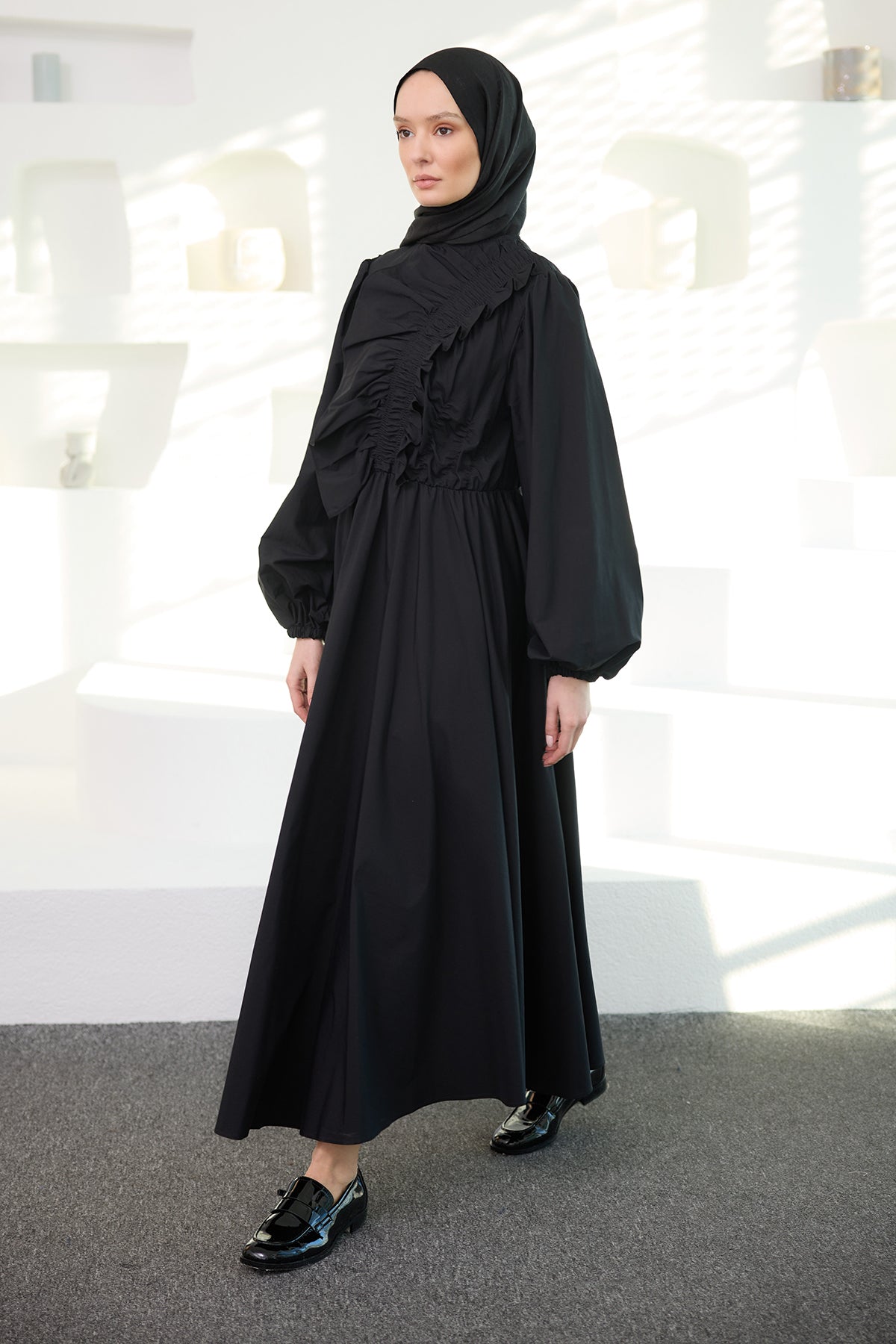 Asymmetric Ruched And Frilled Detail Dress Black