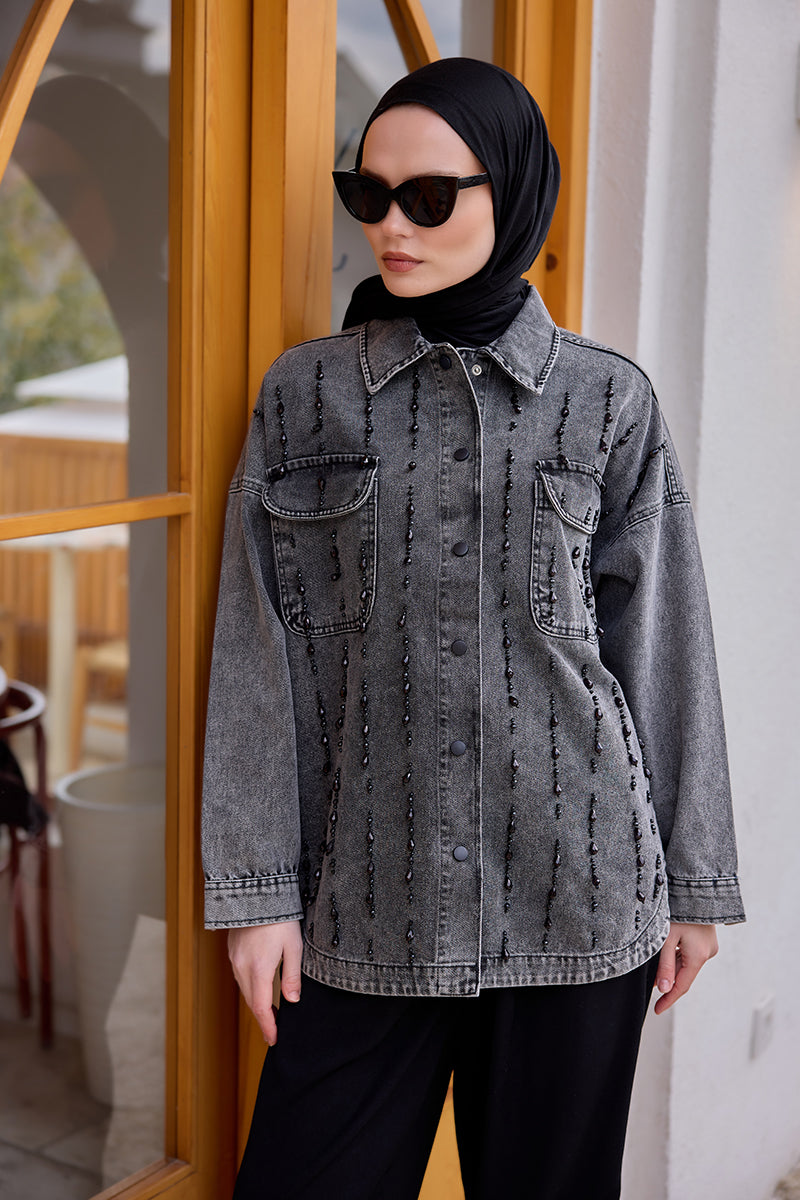 Bead Embroidered Jean Jacket Anthracite
